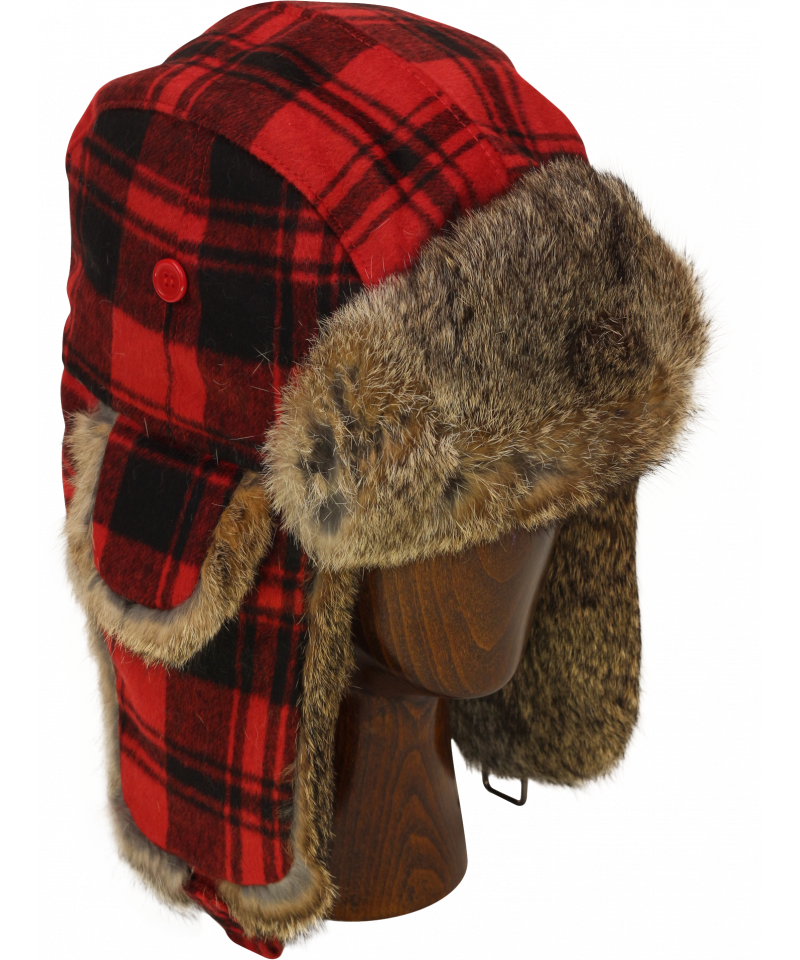 Womens Red Buffalo Check Rabbit Fur Trapper Hat